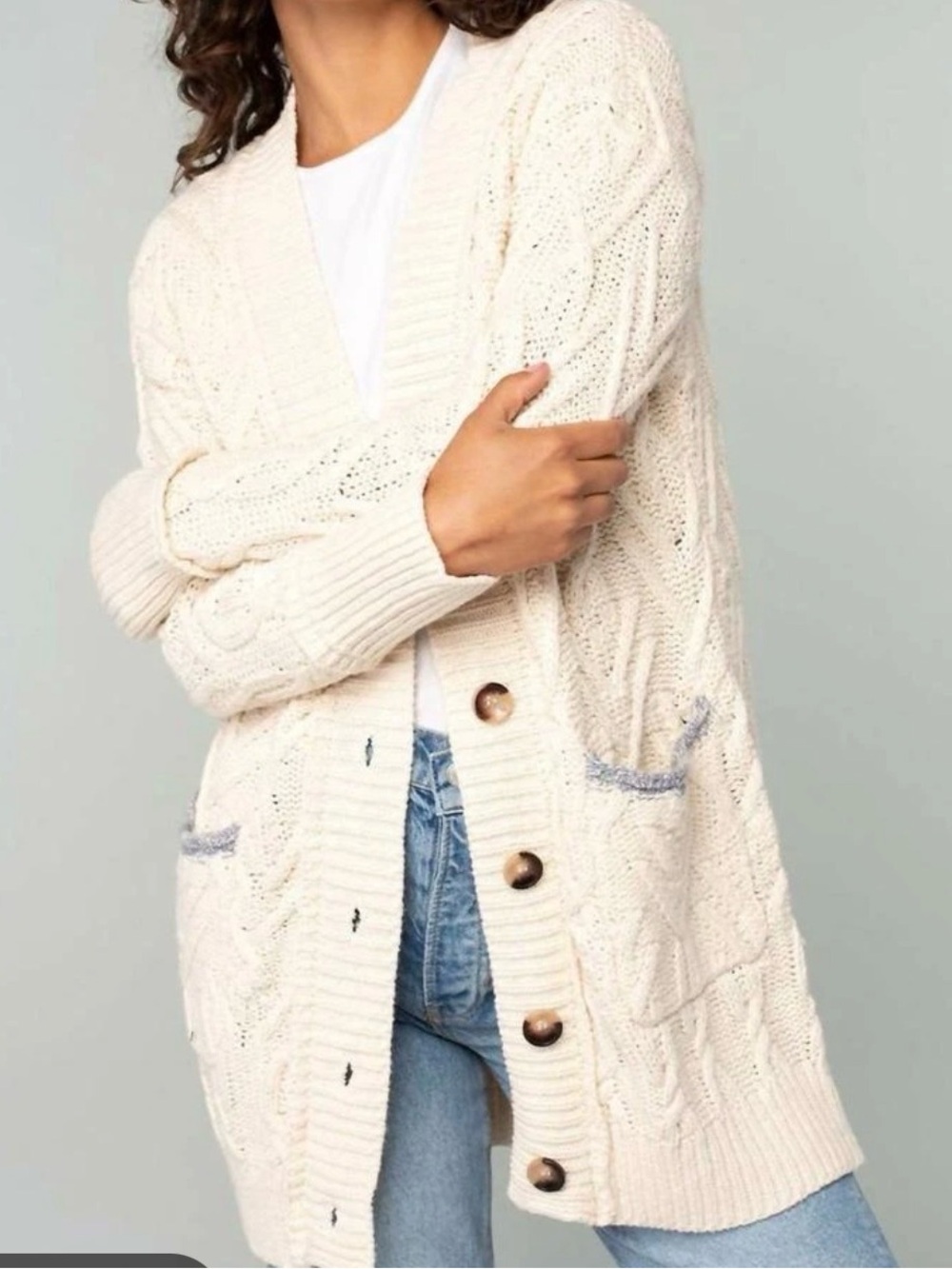 Nyland 100% cotton Cream Cable Knit Button-Front Cardigan Sweater